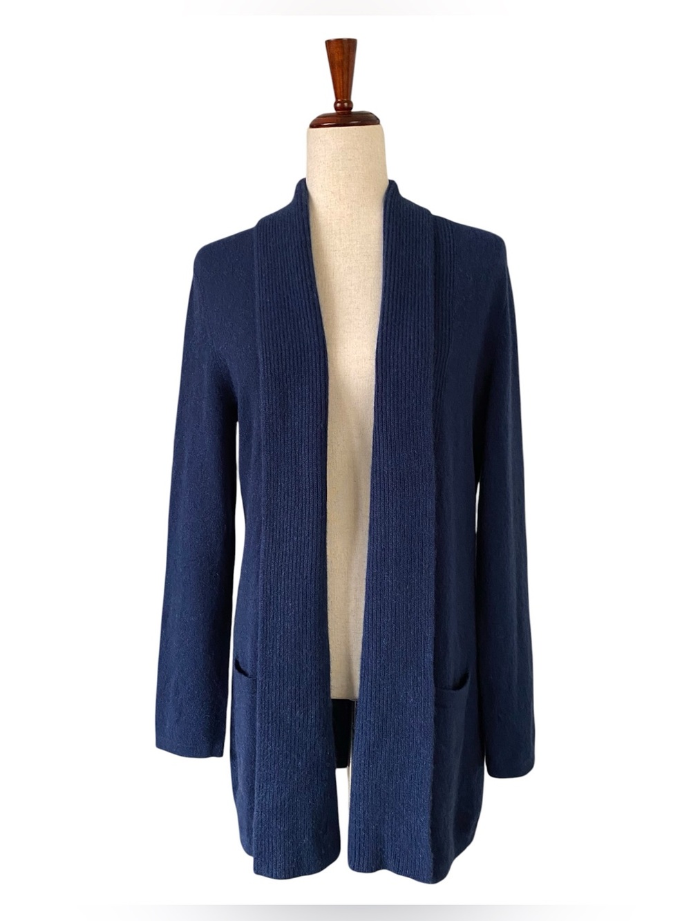 Lord & Taylor 100% Cashmere Open Front Cardigan Sweater Knit Navy Blue Size L